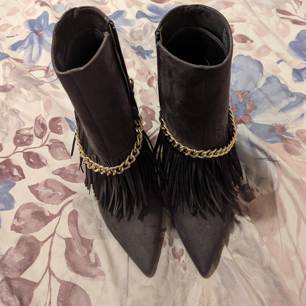 Grey Stiletto Boots with gold chain and fringe